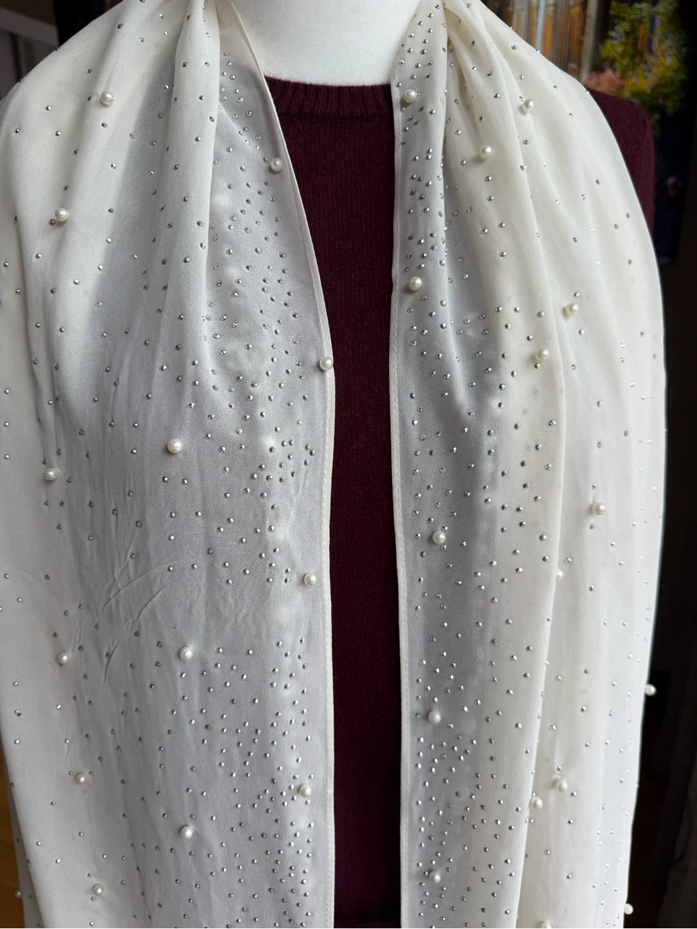 Elegant Ivory Pearl & Crystal Embellished Scarf